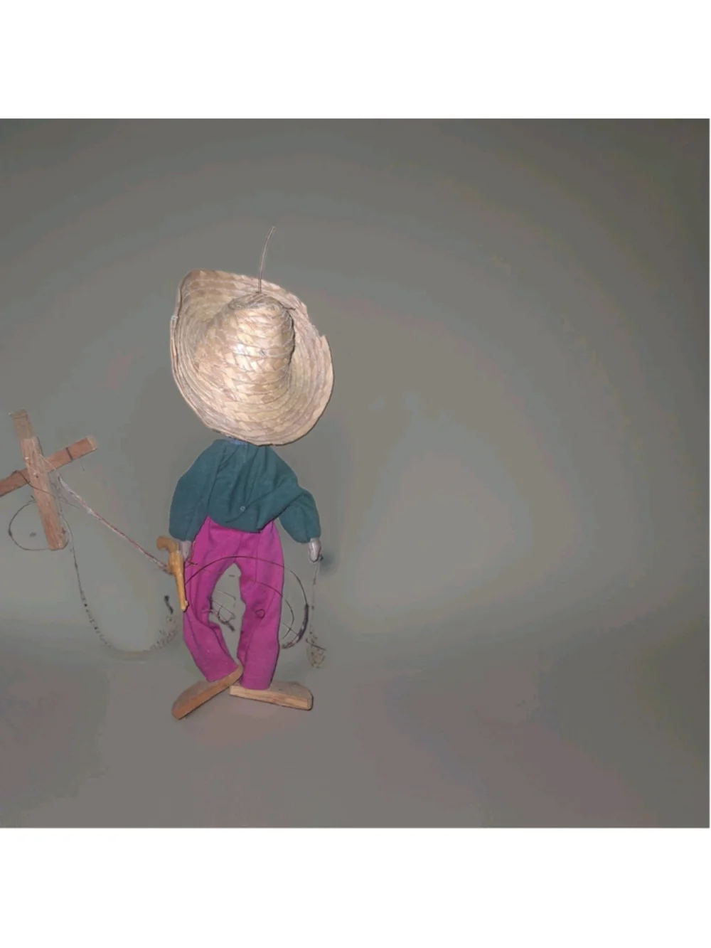 Vintage Mexican Marionette Puppet with Sombrero and Pistol 12 Inch